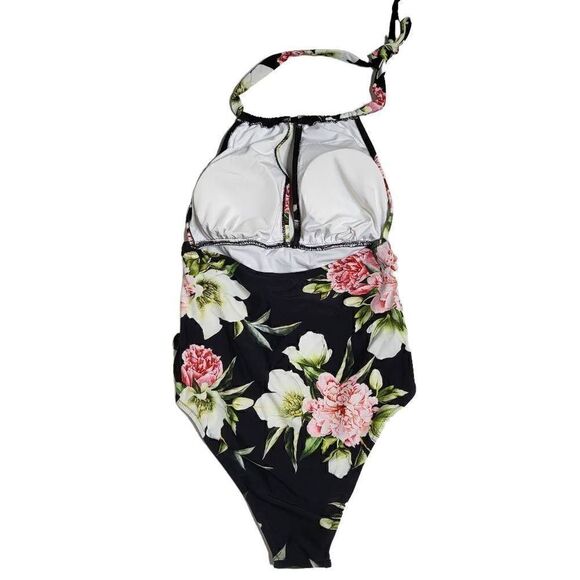 CUPSHE One Piece Swimsuit Halter Tummy Control Multiway Black Floral Size L - Picture 8 of 10